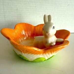 Small Easter Themed Ceramic Dish Orange, White and Green w/White Rabbit Inside